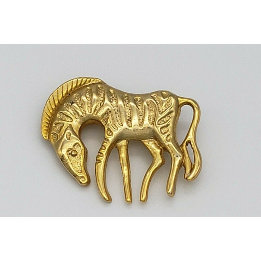 Zebra Animal Figural Brooch Pin Gold Tone Metal Shiny African Safari Vintage